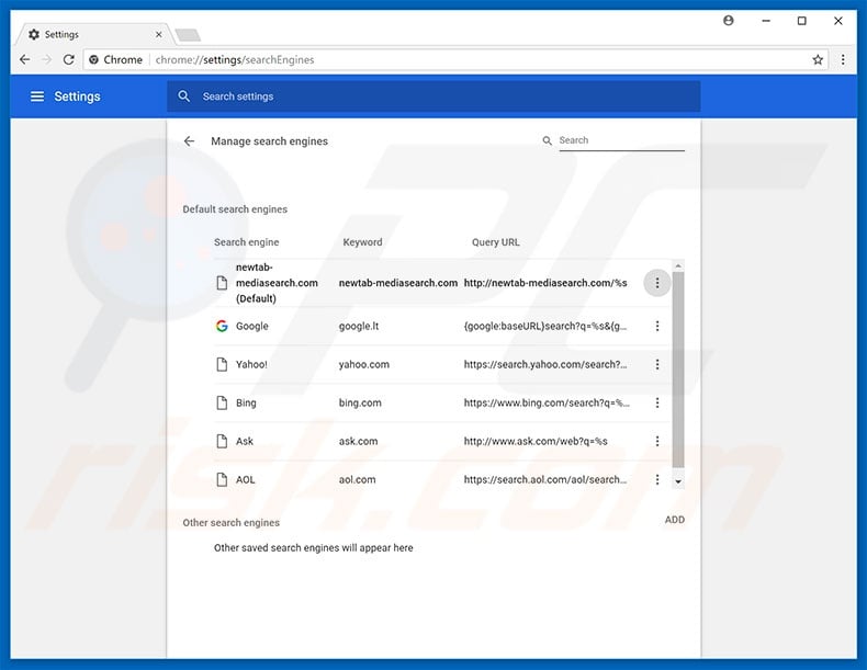 Removing newtab-mediasearch.com from Google Chrome default search engine