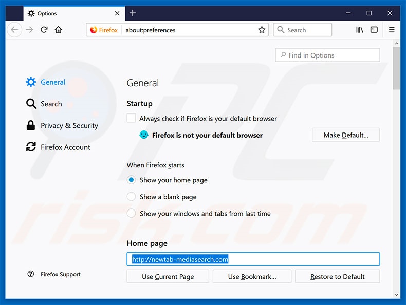 Removing newtab-mediasearch.com from Mozilla Firefox homepage