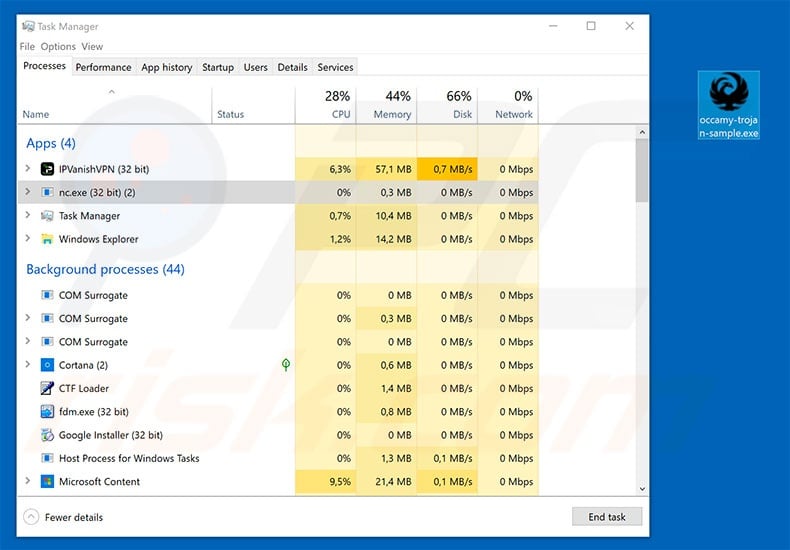 Occamy trojan in task manager