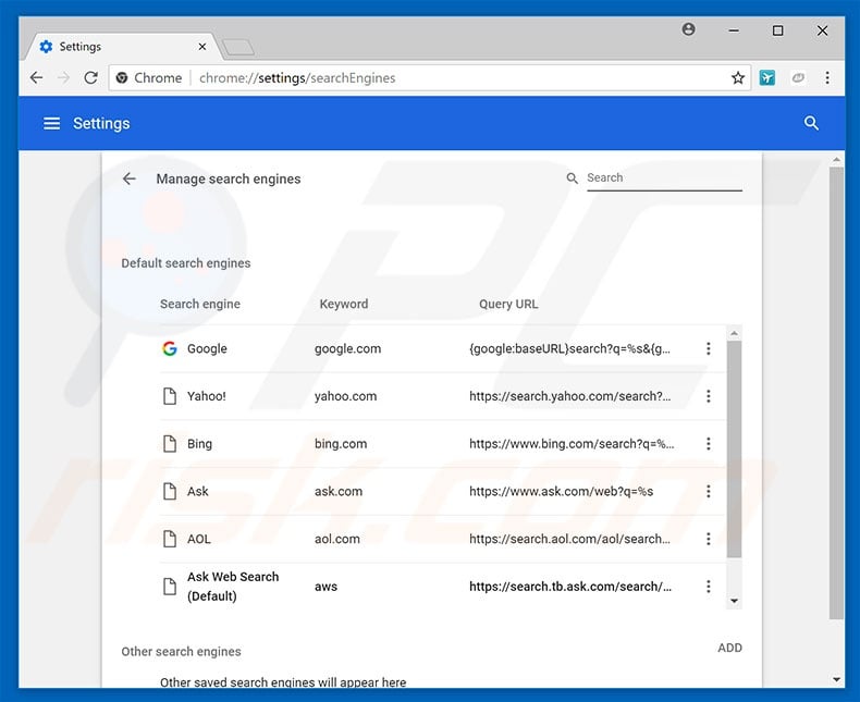 Removing hp.myway.com from Google Chrome default search engine