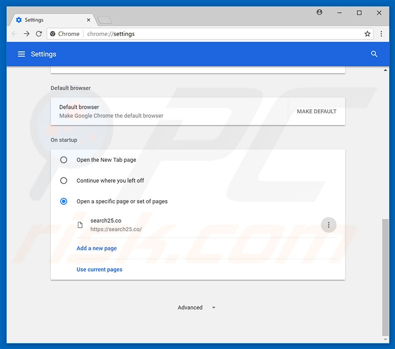 Removing search25.co from Google Chrome homepage
