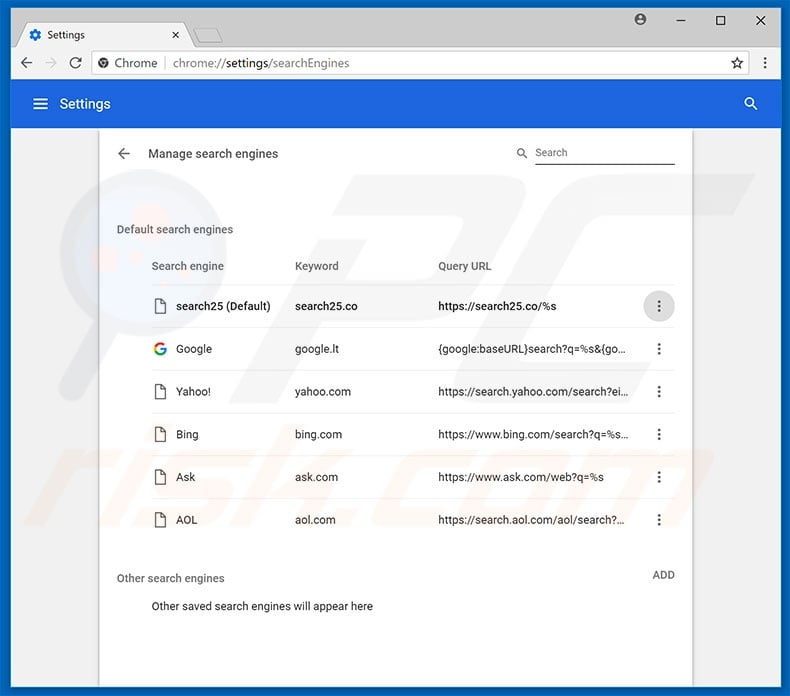 Removing search25.co from Google Chrome default search engine