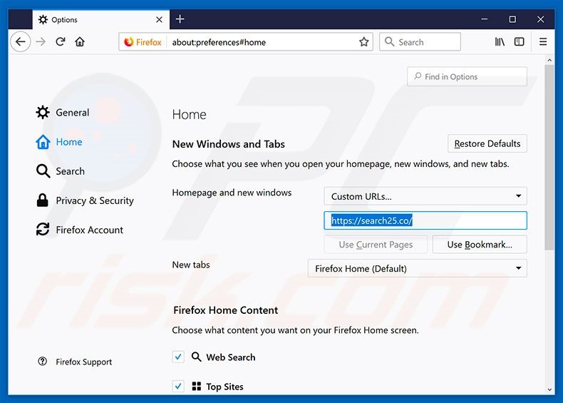 Removing search25.co from Mozilla Firefox homepage