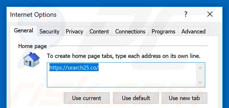 Removing search25.co from Internet Explorer homepage