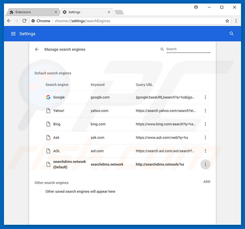 Removing searchdims.network from Google Chrome default search engine