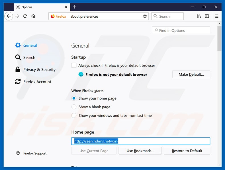 Removing searchdims.network from Mozilla Firefox homepage