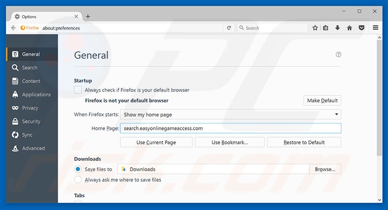 Removing search.easyonlinegameaccess.com from Mozilla Firefox homepage
