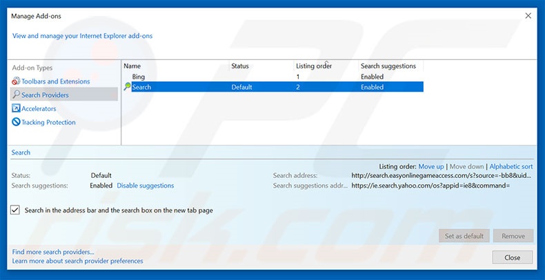 Removing search.easyonlinegameaccess.com from Internet Explorer default search engine