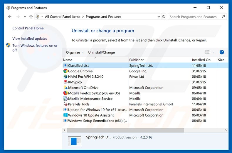 search.hclassifiedlist.net browser hijacker uninstall via Control Panel