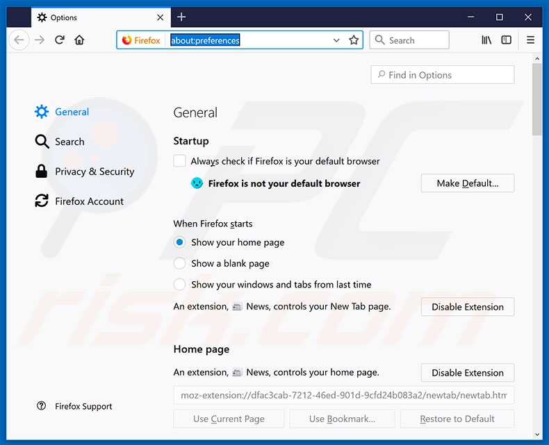 Removing search.hinstantnewsnow.co from Mozilla Firefox homepage