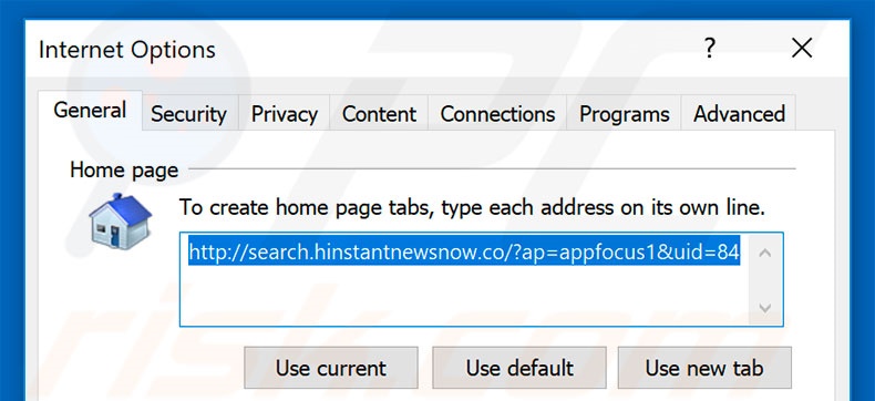 Removing search.hinstantnewsnow.co from Internet Explorer homepage