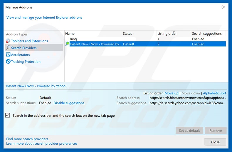 Removing search.hinstantnewsnow.co from Internet Explorer default search engine