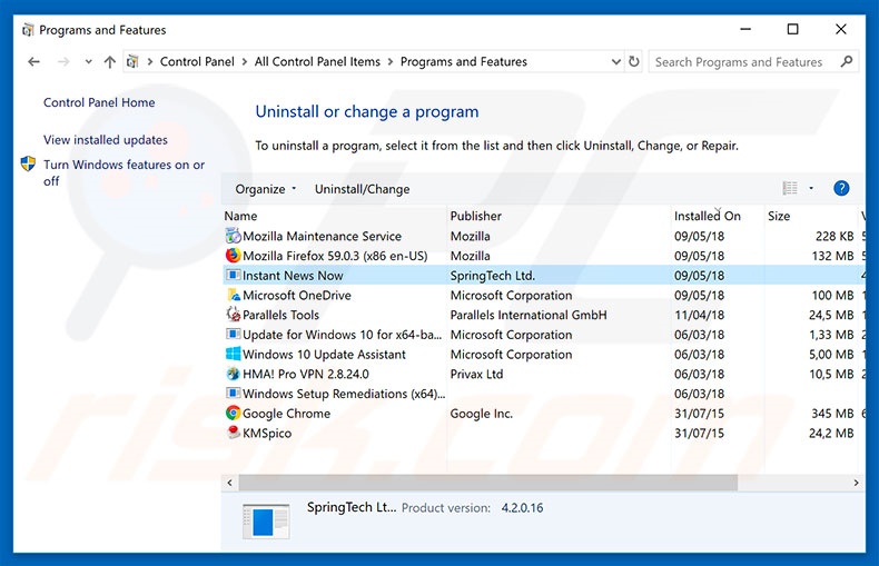 search.hinstantnewsnow.co browser hijacker uninstall via Control Panel
