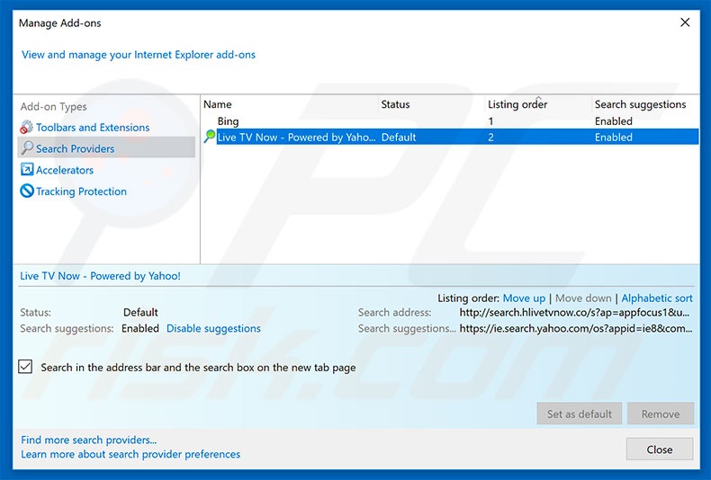 Removing search.hlivetvnow.co from Internet Explorer default search engine