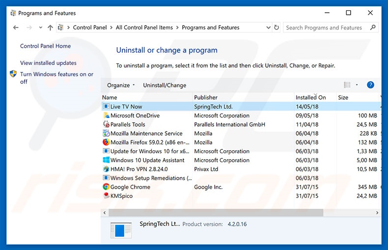 search.hlivetvnow.co browser hijacker uninstall via Control Panel