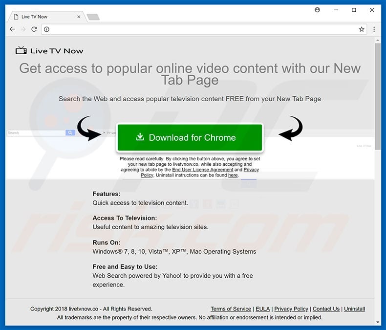 Website used to promote Live TV Now browser hijacker