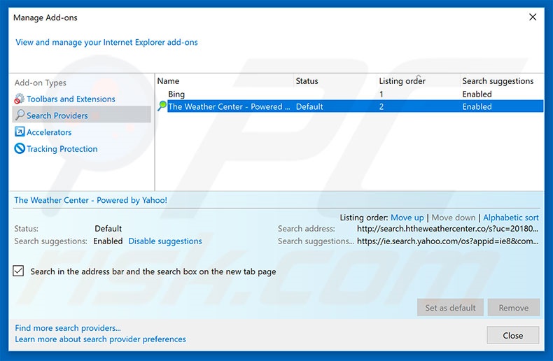 Removing search.htheweathercenter.co from Internet Explorer default search engine