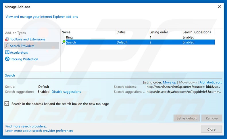 Removing search.searchm3p.com from Internet Explorer default search engine