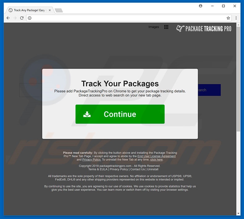 Website used to promote Package Tracking Pro browser hijacker