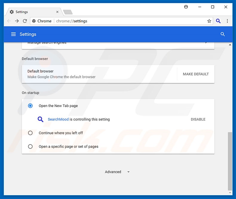 Removing search.searchmood.com from Google Chrome homepage