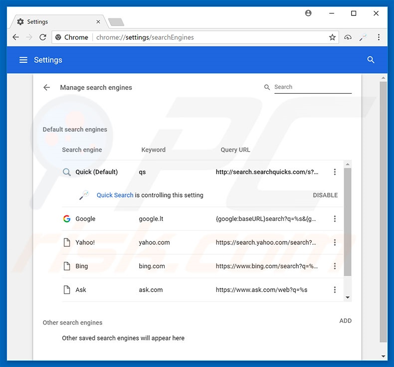 Removing search.searchpcst2.com from Google Chrome default search engine