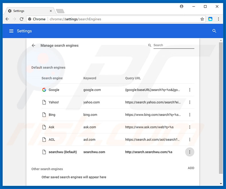 Removing search.searchwu.com from Google Chrome default search engine