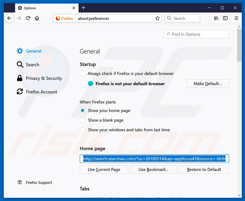 Removing search.searchwu.com from Mozilla Firefox homepage
