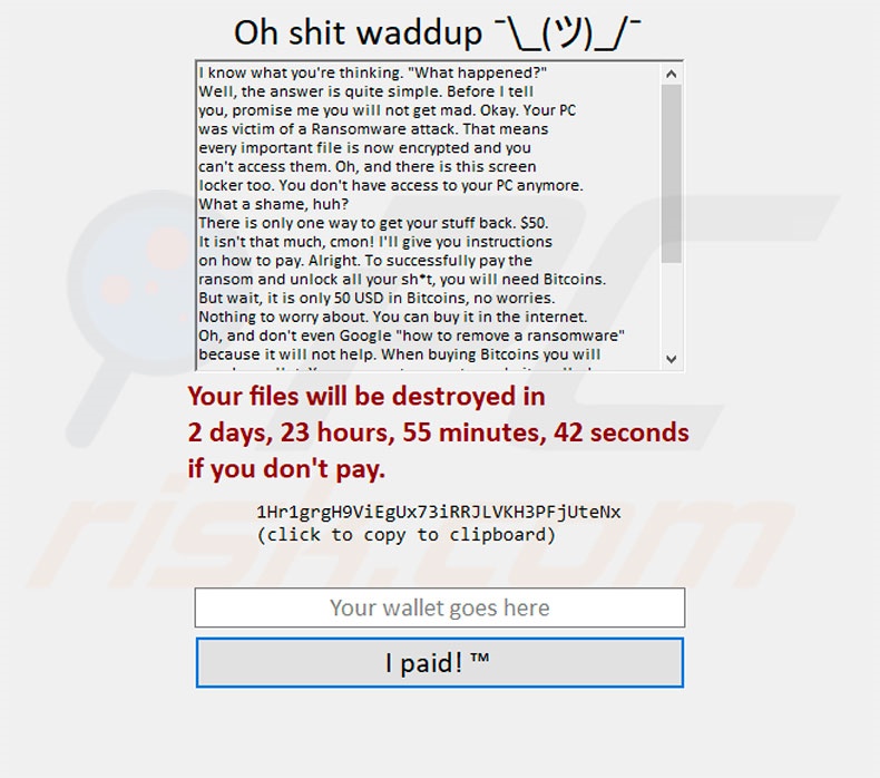 SHRUG ransomware ransom note (pop-up)