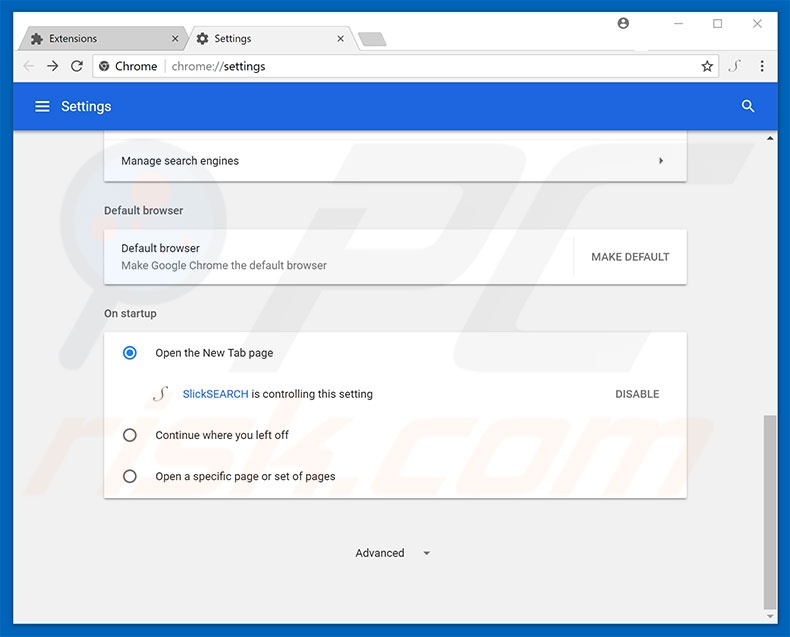 Removing slicksearch.com from Google Chrome homepage