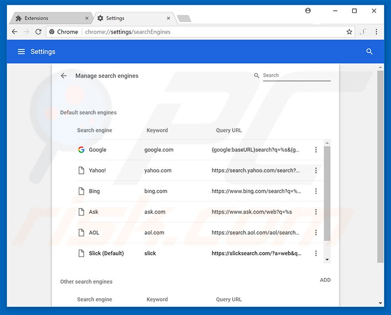 Removing slicksearch.com from Google Chrome default search engine