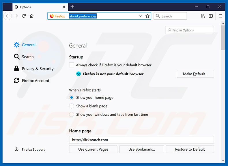 Removing slicksearch.com from Mozilla Firefox homepage