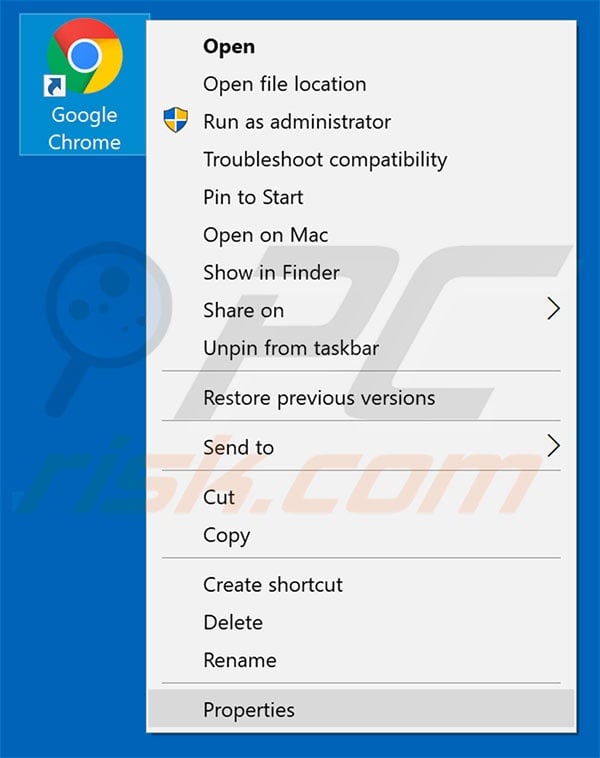 Removing sowin8.com from Google Chrome shortcut target step 1