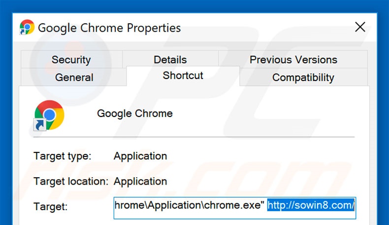 Removing sowin8.com from Google Chrome shortcut target step 2