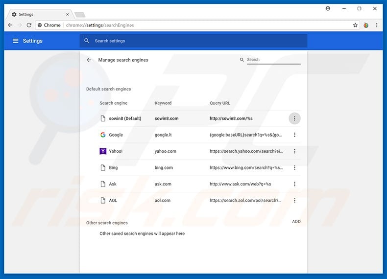 Removing sowin8.com from Google Chrome default search engine