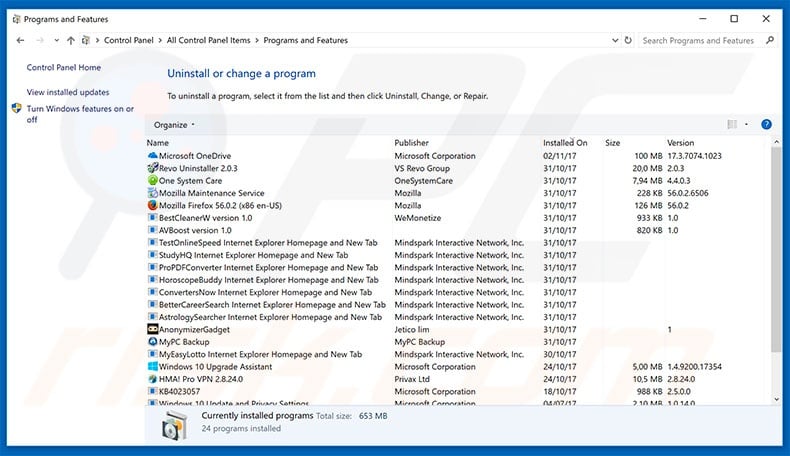 sowin8.com browser hijacker uninstall via Control Panel