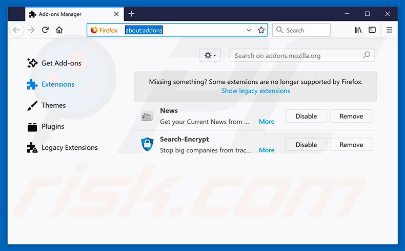 Removing search.thenewssource.co related Mozilla Firefox extensions