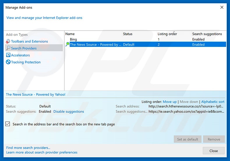 Removing search.thenewssource.co from Internet Explorer default search engine