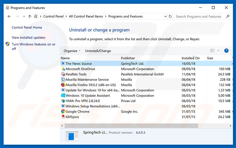 search.thenewssource.co browser hijacker uninstall via Control Panel