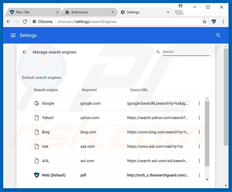 Removing thesearchguard.com from Google Chrome default search engine