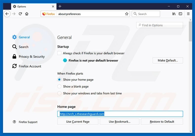 Removing thesearchguard.com from Mozilla Firefox homepage