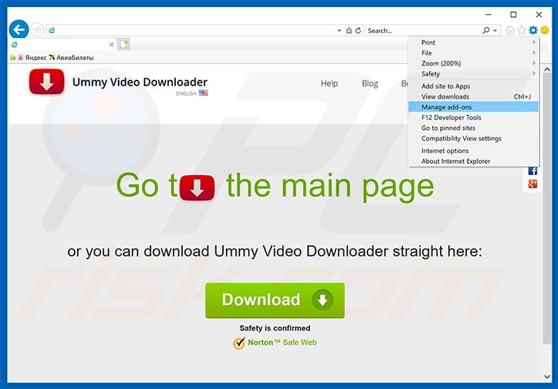 Removing Ummy Video Downloader ads from Internet Explorer step 1