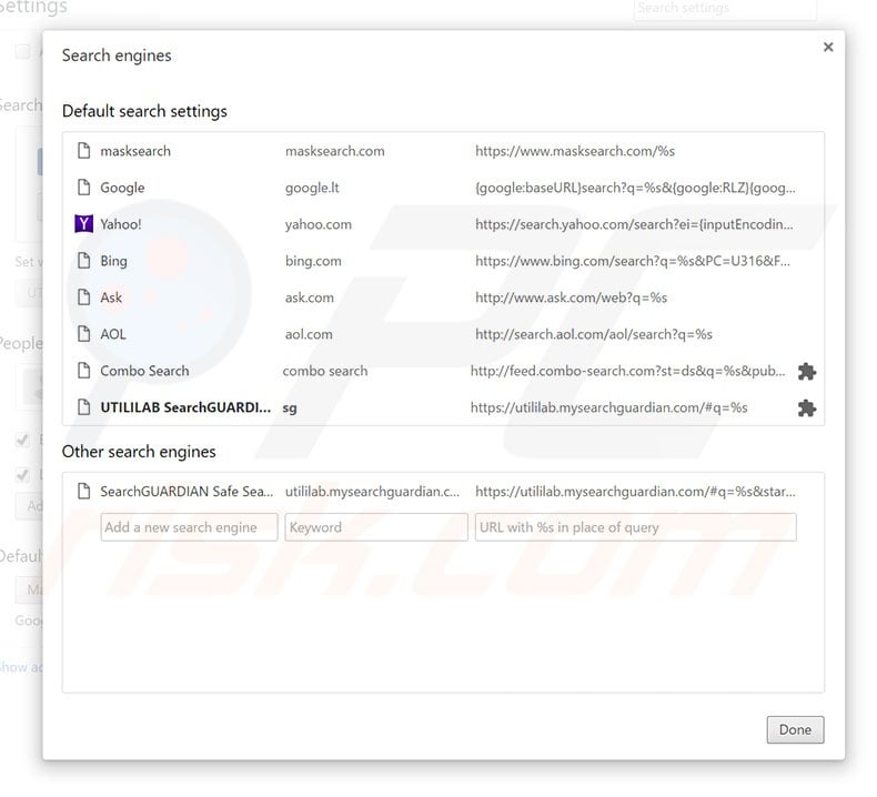 Removing utililab.mysearchguardian.com from Google Chrome default search engine