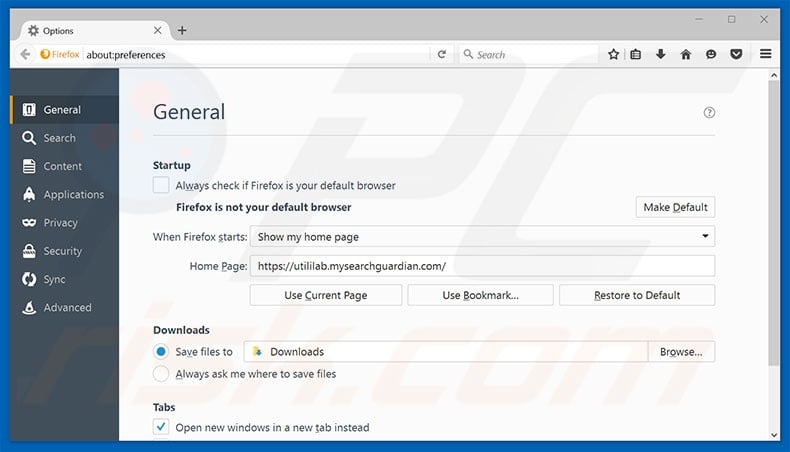 Removing utililab.mysearchguardian.com from Mozilla Firefox homepage