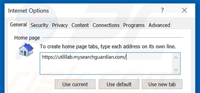 Removing utililab.mysearchguardian.com from Internet Explorer homepage