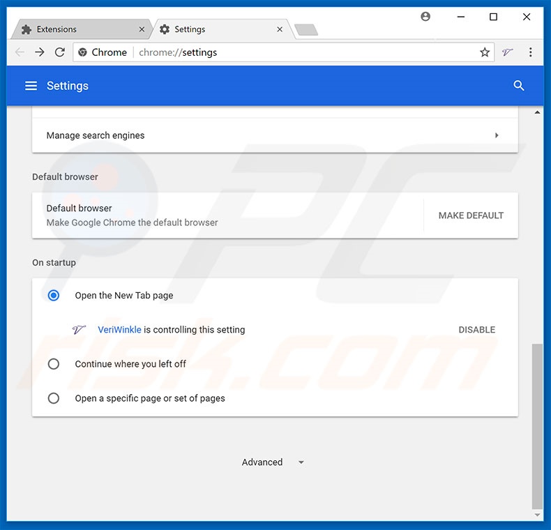 Removing veriwrinkle.com from Google Chrome homepage