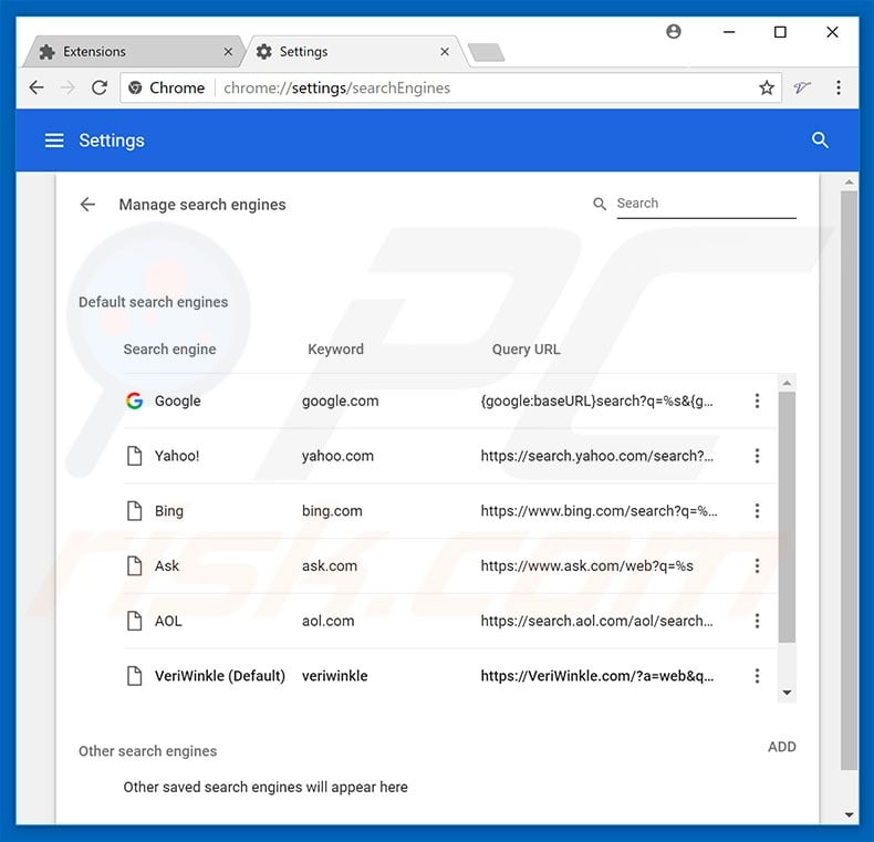 Removing veriwrinkle.com from Google Chrome default search engine