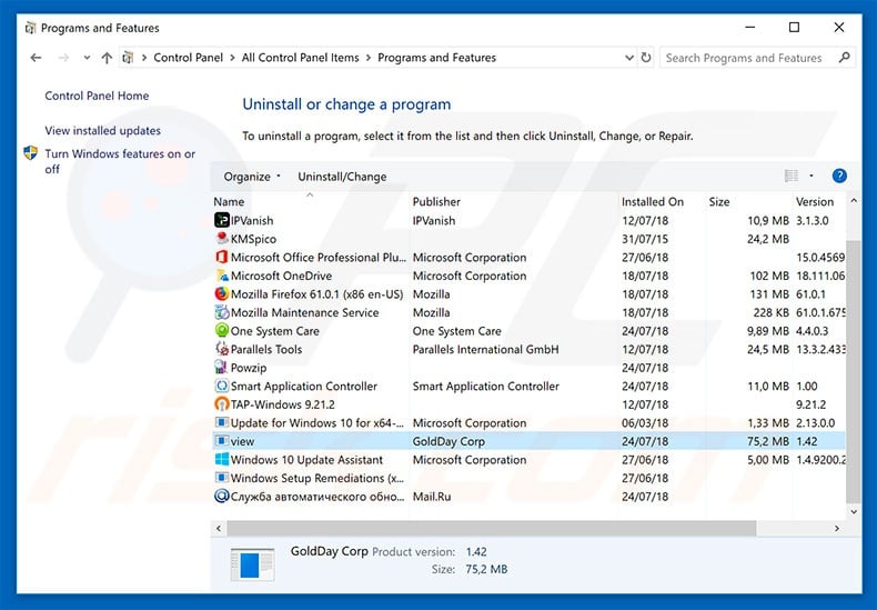 View adware uninstall via Control Panel