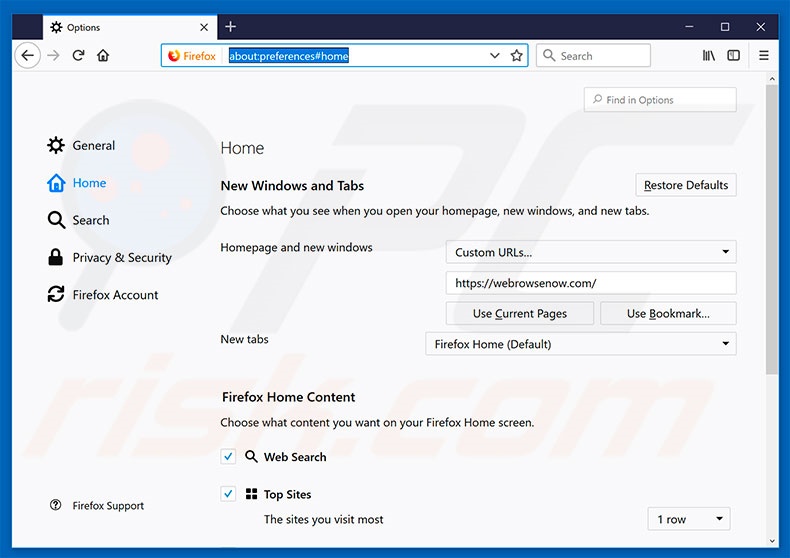 Removing webrowsenow.com from Mozilla Firefox homepage