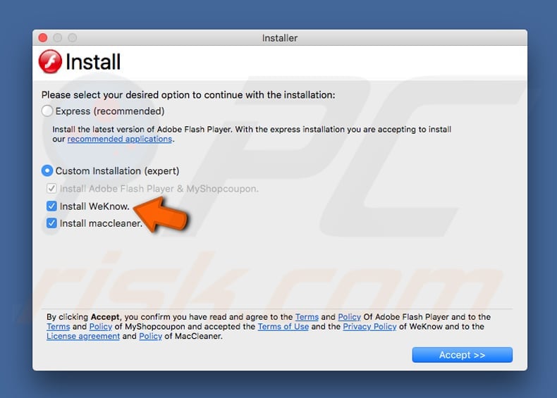 fake flash player setup installing weknow.ac hijacker and advanced mac cleaner PUP