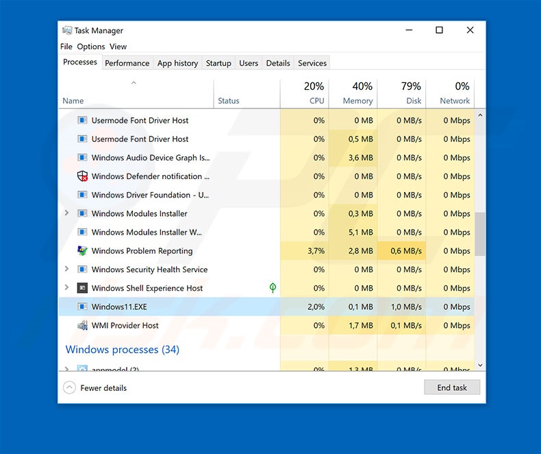 Windows 11 Free Download spam campaign executable in Task Manager